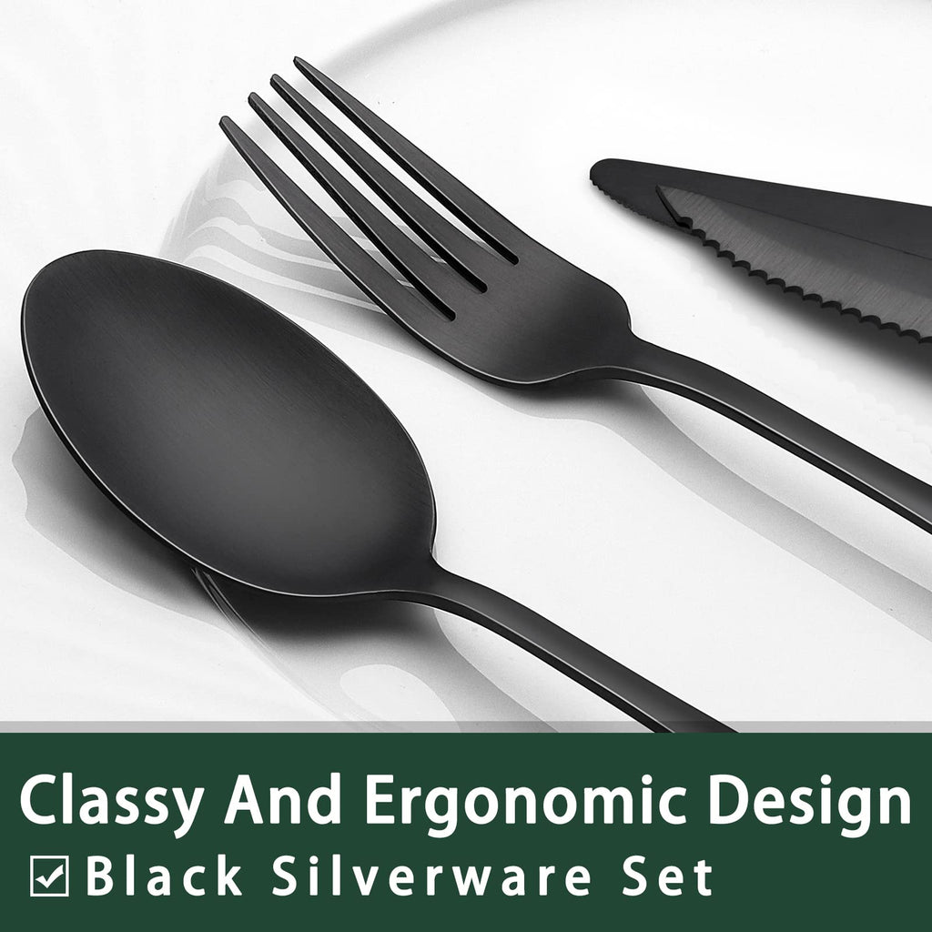 EWFEN 24-Piece Black Silverware Set with Steak Knives, Black Flatware Set for 4, Food-Grade Stainless Steel Tableware Cutlery Set, Mirror Finished Utensil Sets for Home Restaurant, Round Edge