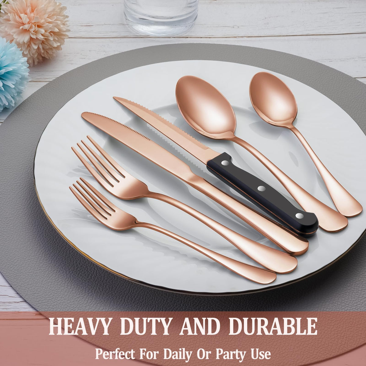 24 Pcs Silverware Set with Steak Knives for 4, Stainless Steel Flatware Set, Mirror Polished Cutlery Utensil Sets, Home Kitchen Eating Tableware, Dishwasher Safe