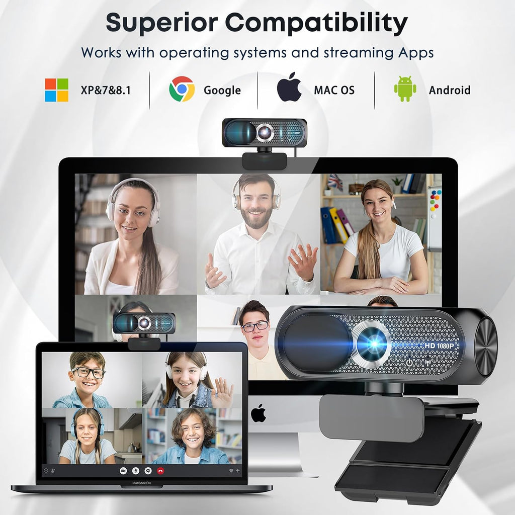 1080P HD Webcam with Microphone, Noise Cancellation, Privacy Cover, Wide-Angle Lens, Auto Light Correction, Plug & Play USB Webcam for Laptop, Desktop, PC, Mac, Zoom, Skype, Streaming (Black)