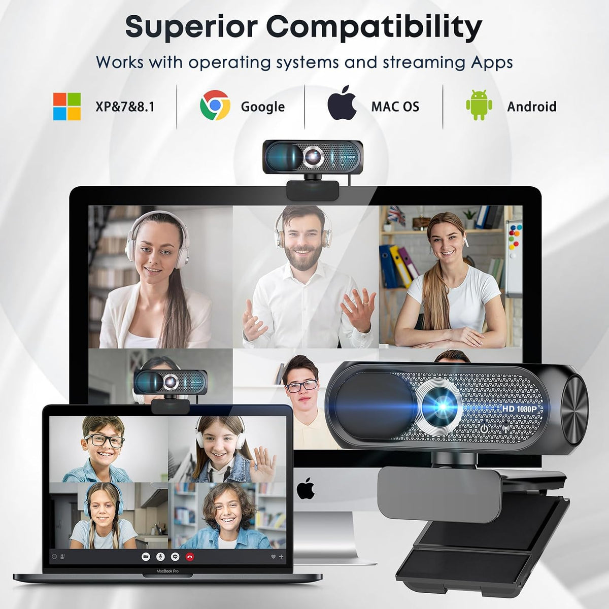 1080P HD Webcam with Microphone, Noise Cancellation, Privacy Cover, Wide-Angle Lens, Auto Light Correction, Plug & Play USB Webcam for Laptop, Desktop, PC, Mac, Zoom, Skype, Streaming (Black)