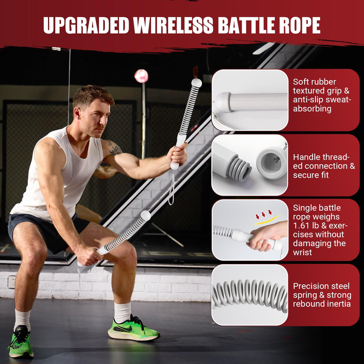 Cordless Battle Rope for Home Gym, Heavy Duty Portable with Poster