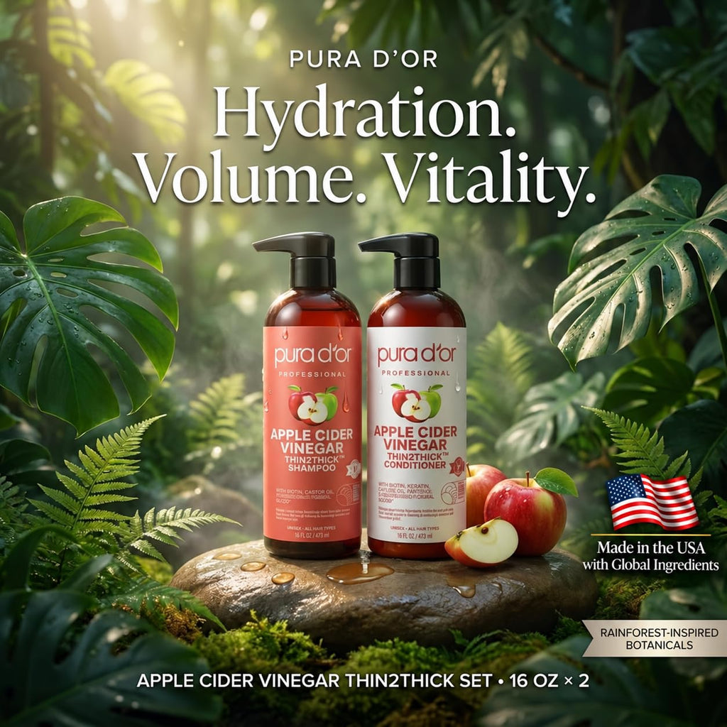PURA D'OR Apple Cider Vinegar Shampoo & Conditioner Clarifying Set, 16oz x2