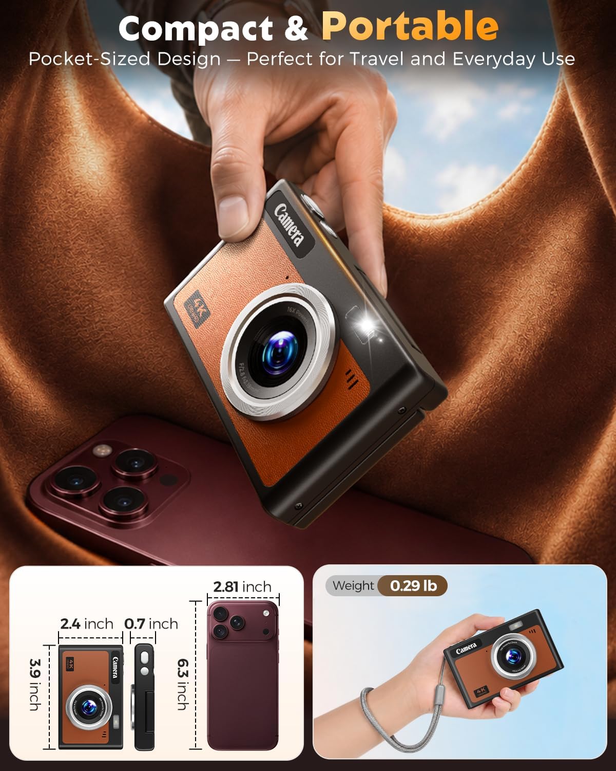 Digital Camera, 4K Autofocus Camera for Photography, 2.8" 180°Flip Screen, 48MP 16X Zoom Anti-Shake, Portable Compact Point and Shoot Camera for Teens Adults, 32GB Card, Gift for Boys Girls Beginners
