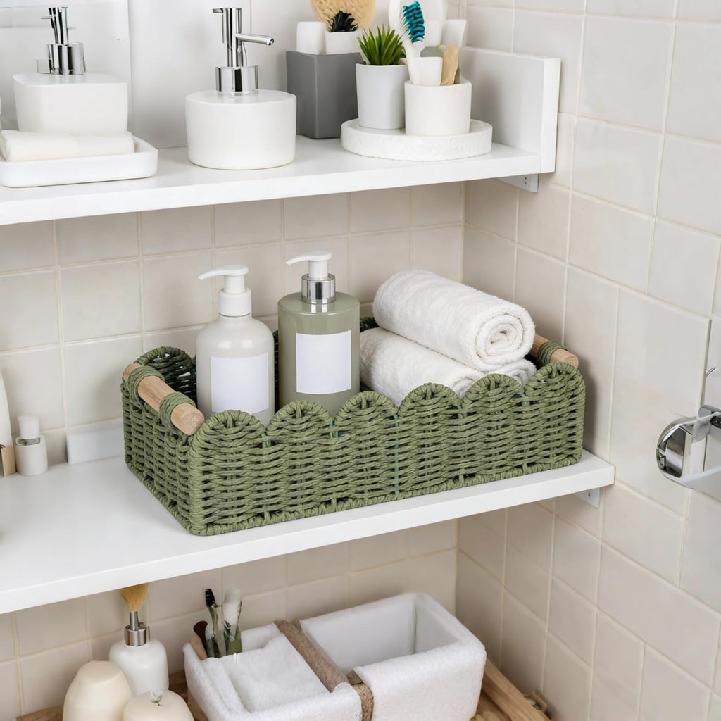 CubesLand Scalloped Toilet Paper Storage Basket W/Handle for Home Decor
