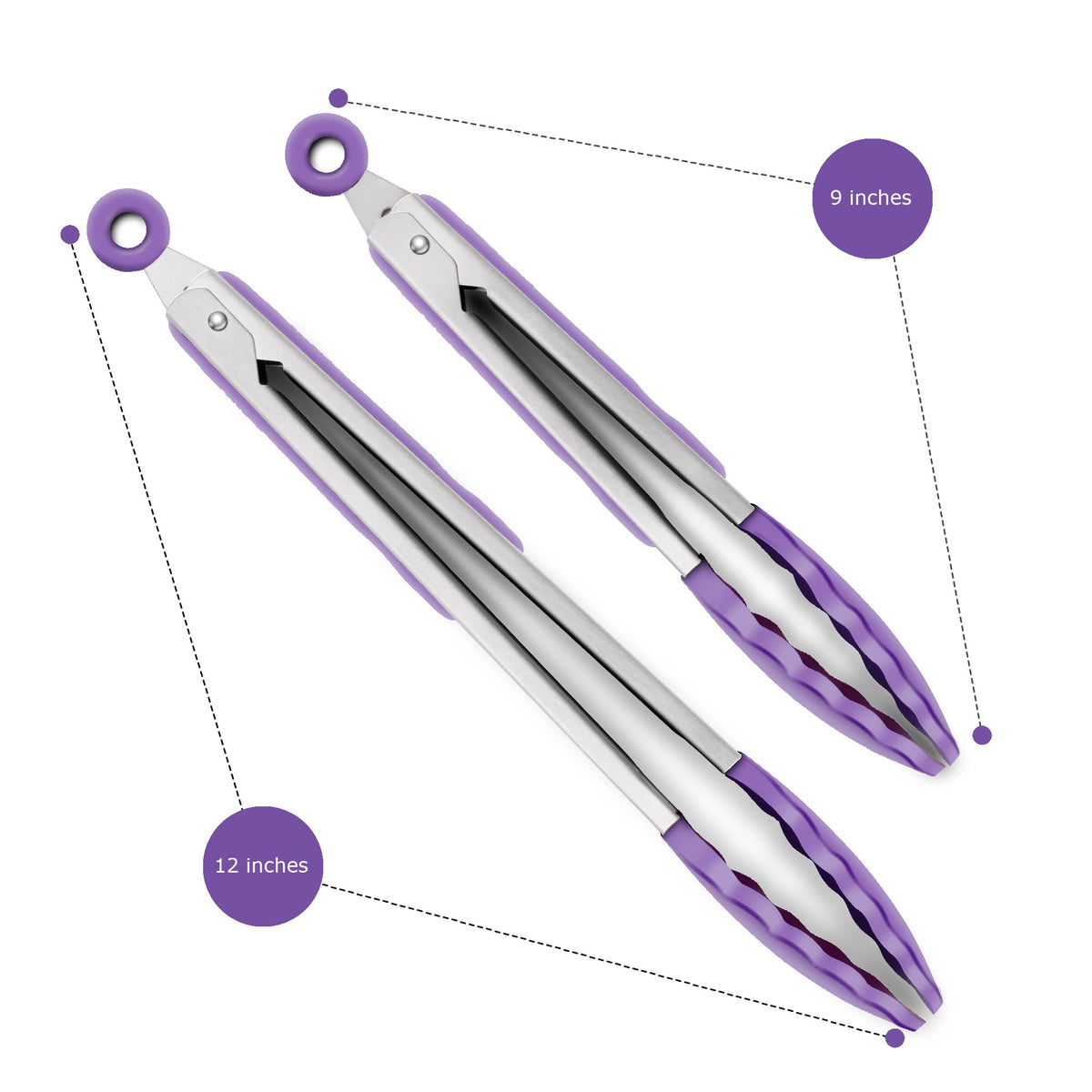 2 Pack Silicone Kitchen Tongs, 9 & 12 Inch, Stainless Steel, Black