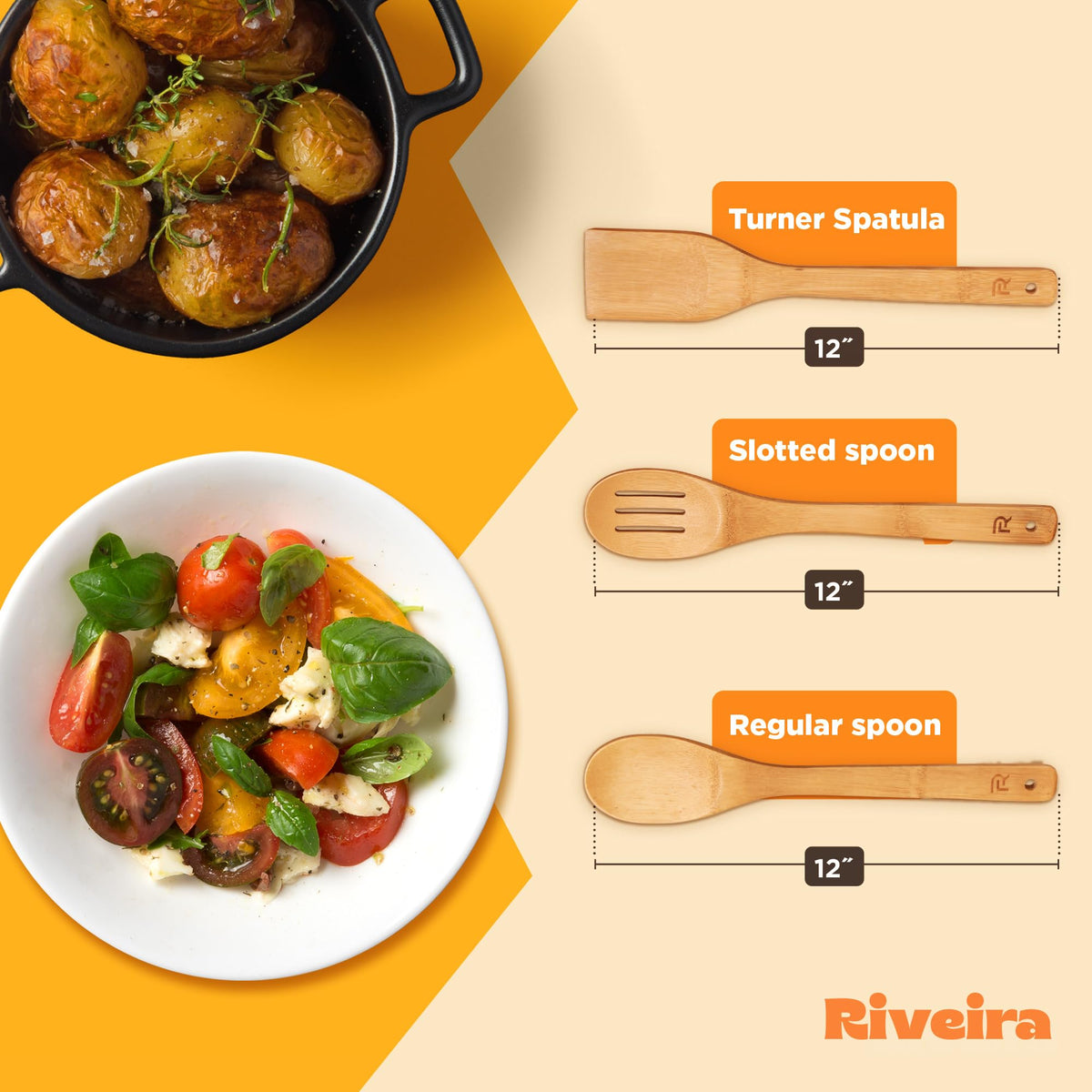 Riveira Dark Bamboo Wooden Spoons for Cooking 6-Piece, Apartment Essentials Wood Spatula Spoon Nonstick Kitchen Utensil Set Premium Quality Housewarming Gifts for Everyday Use