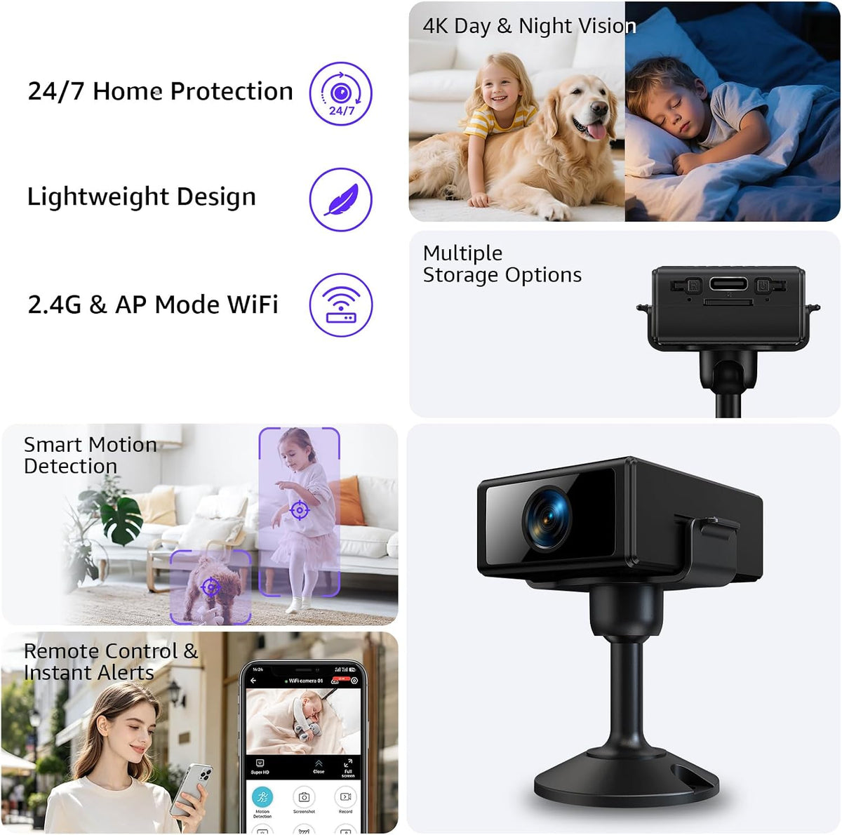 كاميرا مراقبة، كاميرا واي فاي صغيرة 4K مع تحكم في التطبيق، كاميرا منزلية لاسلكية صغيرة قابلة لاعادة الشحن، كشف بشري بالذكاء الاصطناعي، رؤية ليلية تلقائية، تخزين سحابي/SD للاطفال والحيوانات الاليفة