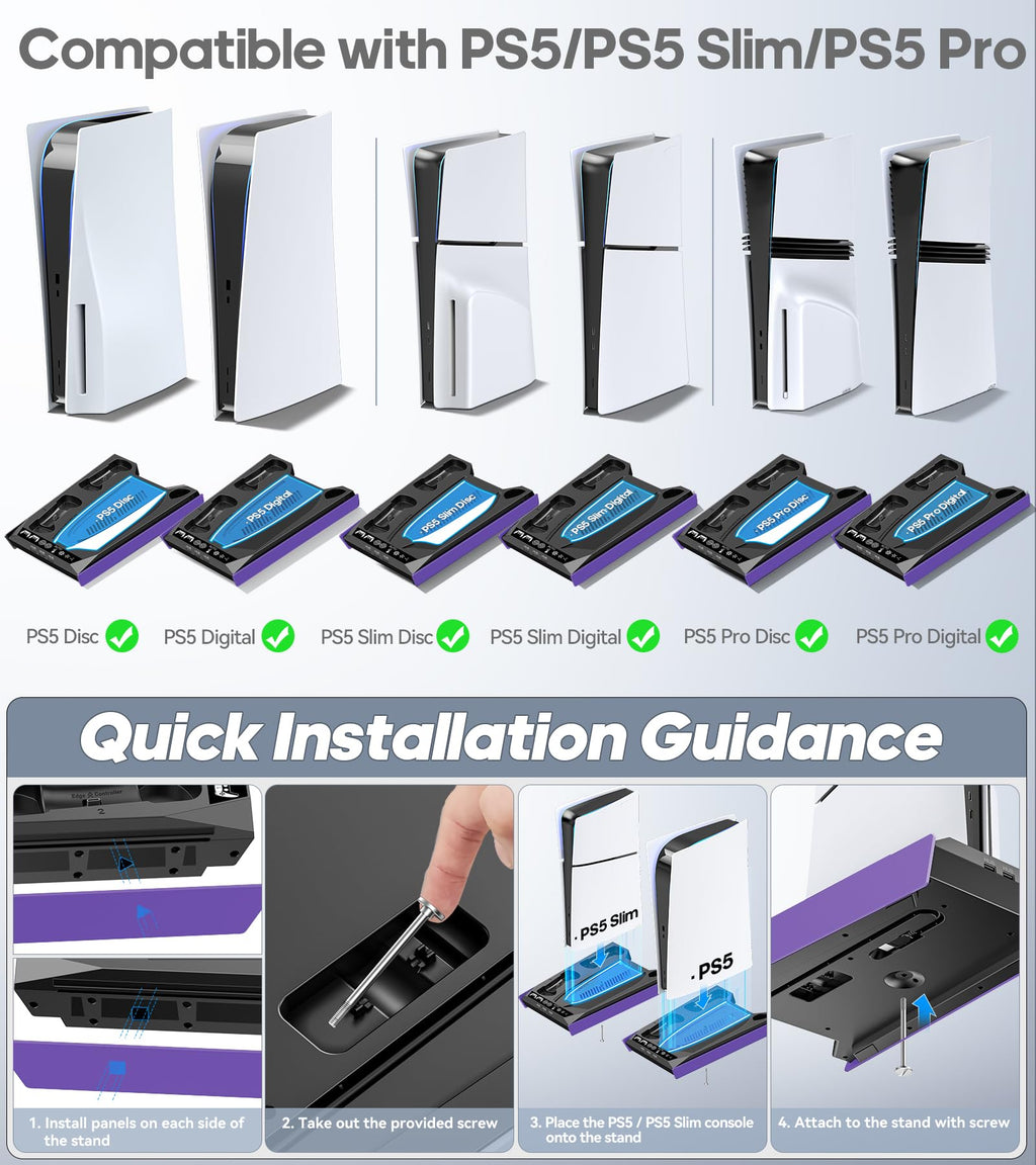 PS5/Slim/Pro Stand for Disc & Digital Console, PS5 Cooling & Charging Station with RGB Lights, PS5 Controller Charger Built-in 3 Level & AUTO Adjustable Fan, Accessories for PlayStation 4 Chargers