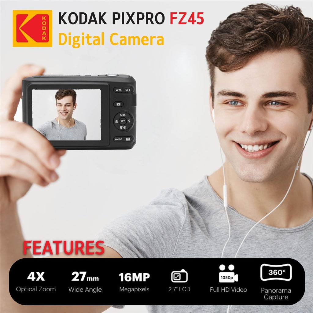 KODAK PIXPRO FZ45 16MP Digital Camera with 4X Optical Zoom 27mm Wide Angle and 2.7" LCD Screen Bundle with 32GB SD Memory Card, AA Batteries (4 Pack), Lens Cleaning Cloth (White)