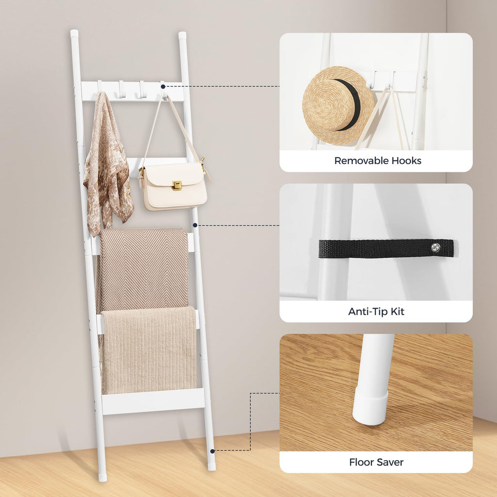 HOOBRO Blanket Ladder, 5-Tier Towel Rack with Hooks, Wall-Leaning Blanket Rack, Decorative Display Ladder Shelf, for Scarves, Industrial, Living Room, Bedroom, Rustic Brown and Black BF52CJ01G1