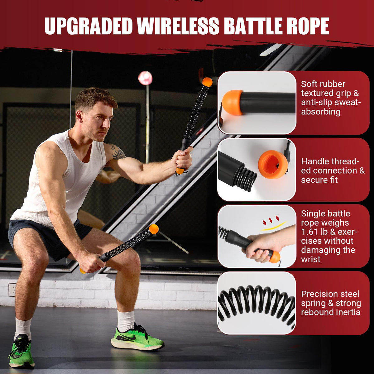 Cordless Battle Rope for Home Gym, Heavy Duty Portable with Poster