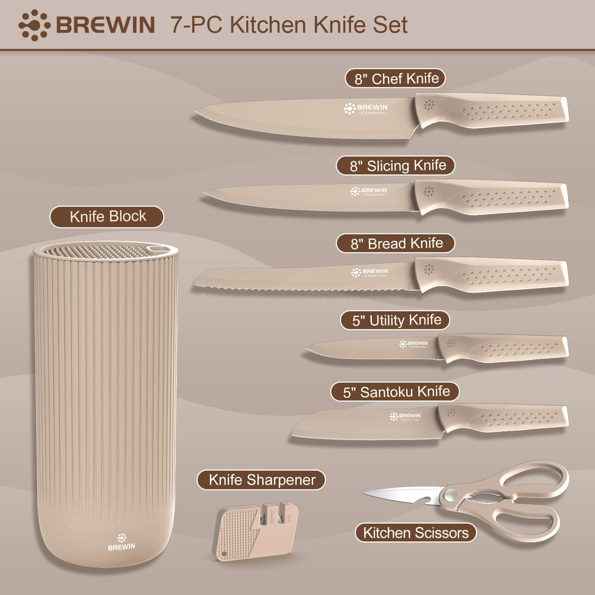 Brewin Knife Set, 8PC Kitchen Knife Set with Universal Block and Scissors