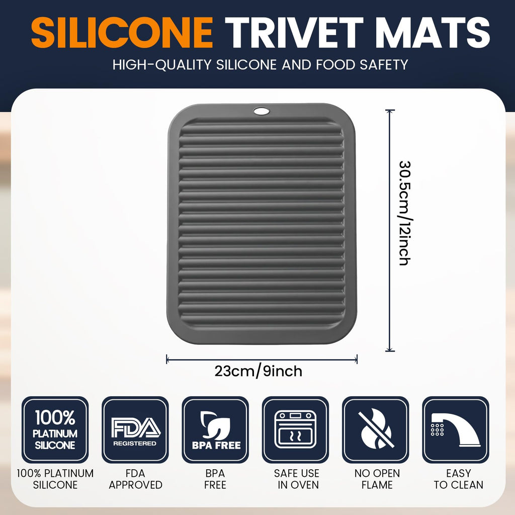 Silicone Trivet Mats 4 Heat Resistant Pot Holders Multipurpose Non-Slip Hot Pads for Kitchen Potholders, Drying mat, Jar Opener, Spoon Holder, Coaster(Dark Grey)