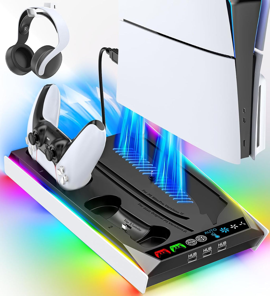 PS5/Slim/Pro Stand for Disc & Digital Console, PS5 Cooling & Charging Station with RGB Lights, PS5 Controller Charger Built-in 3 Level & AUTO Adjustable Fan, Accessories for PlayStation 4 Chargers
