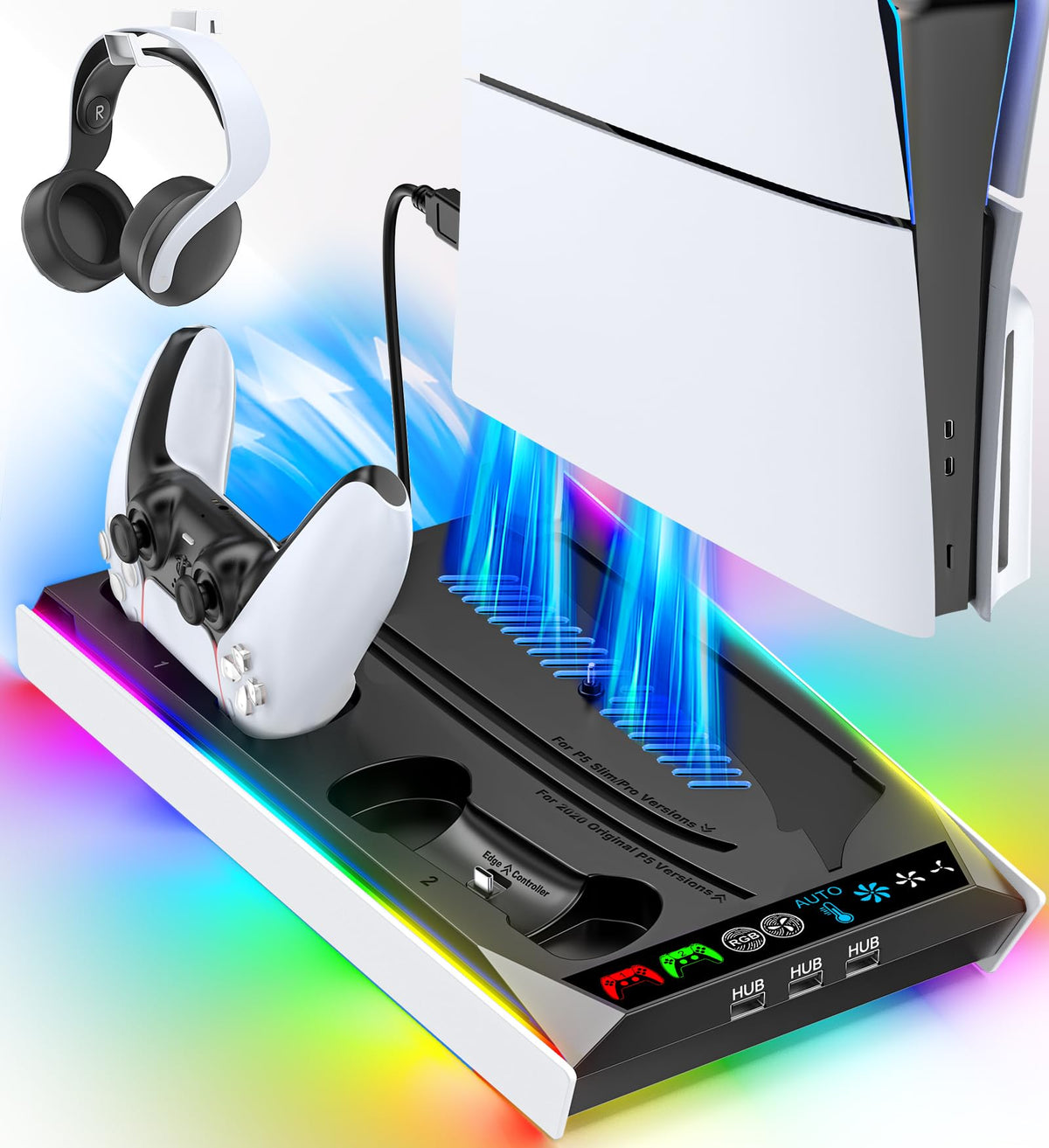 PS5/Slim/Pro Stand for Disc & Digital Console, PS5 Cooling & Charging Station with RGB Lights, PS5 Controller Charger Built-in 3 Level & AUTO Adjustable Fan, Accessories for PlayStation 4 Chargers