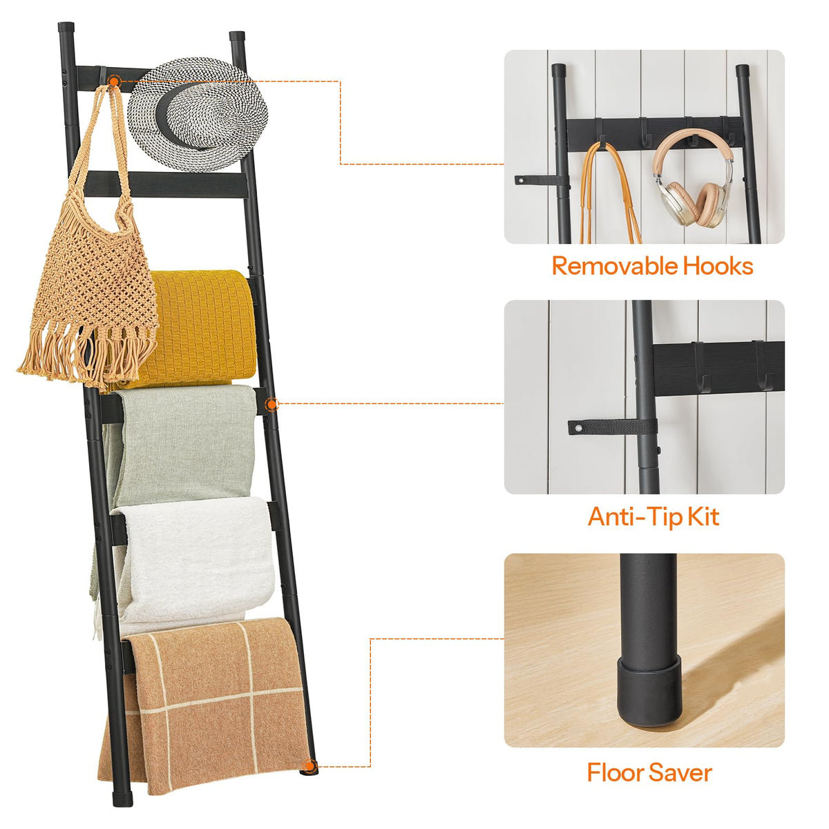 HOOBRO Blanket Ladder, 5-Tier Towel Rack with Hooks, Wall-Leaning Blanket Rack, Decorative Display Ladder Shelf, for Scarves, Industrial, Living Room, Bedroom, Rustic Brown and Black BF52CJ01G1