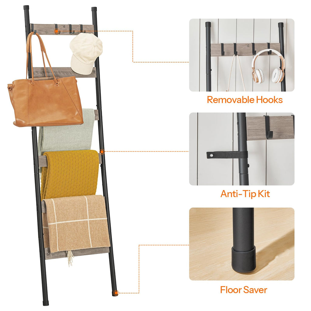 HOOBRO Blanket Ladder, 5-Tier Towel Rack with Hooks, Wall-Leaning Blanket Rack, Decorative Display Ladder Shelf, for Scarves, Industrial, Living Room, Bedroom, Rustic Brown and Black BF52CJ01G1