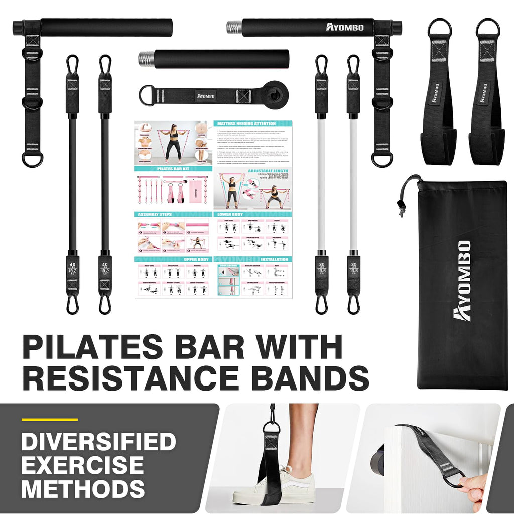 Pilates Bar Kit with Resistance Bands, Adjustable Pink Workout Set