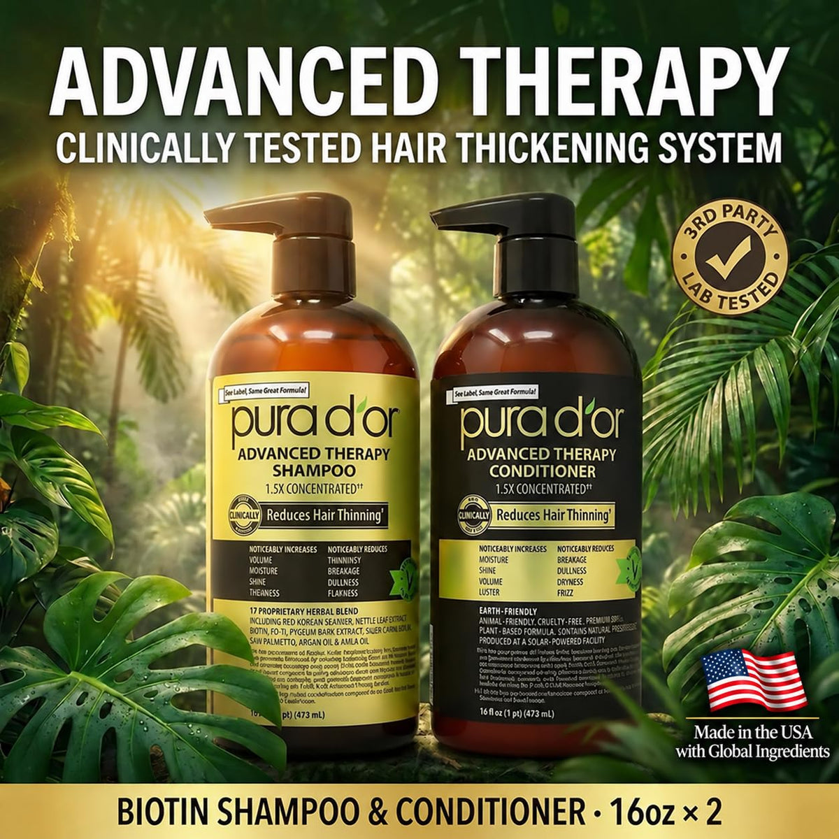 PURA D'OR Apple Cider Vinegar Shampoo & Conditioner Clarifying Set, 16oz x2