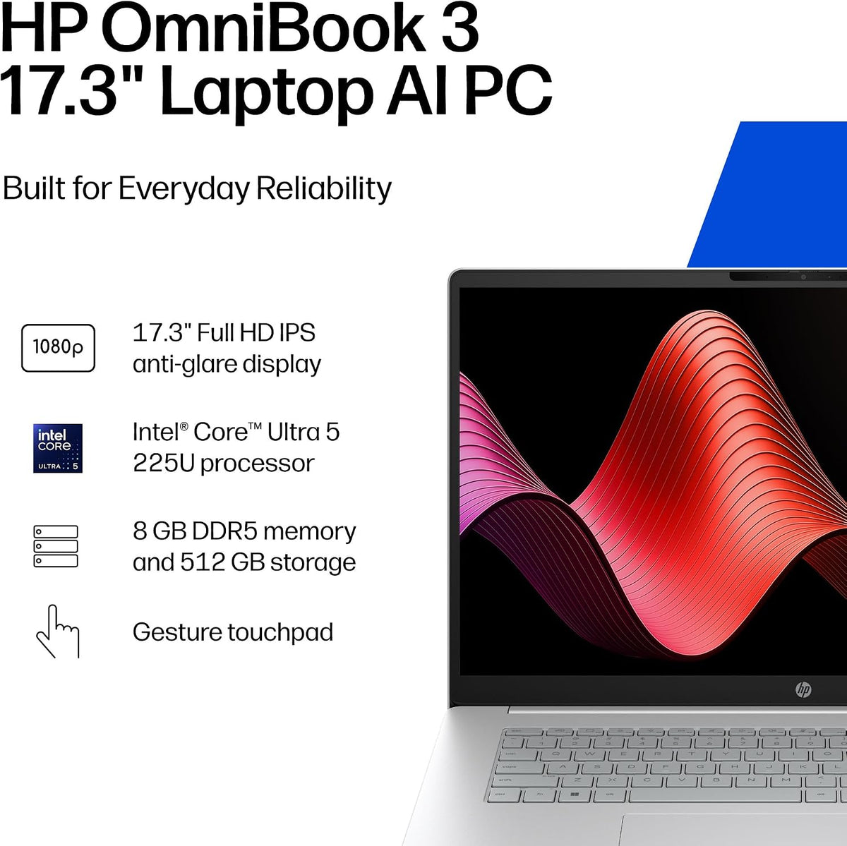 HP OmniBook 3 17.3 inch Laptop PC, FHD Display, Intel Core Ultra 5 225U, 8 GB RAM, 512 GB SSD, Intel Graphics, Windows 11 Home, Glacier Silver, 17-dg0099nr