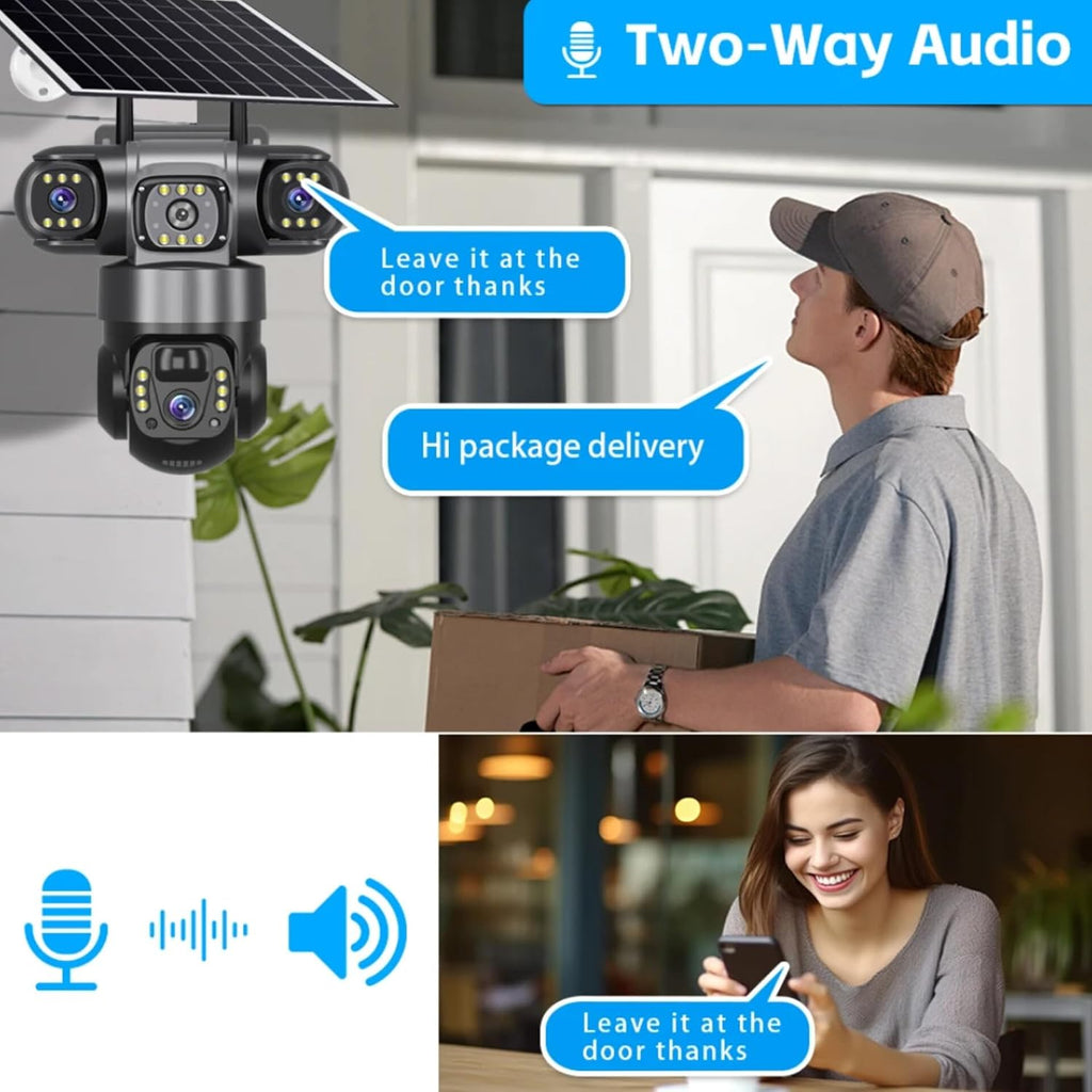 4G solar Security Camera, 12MP Full HD, 3 Lens, Outdoor PTZ, Solar Powered, Black(no Wi-Fi)