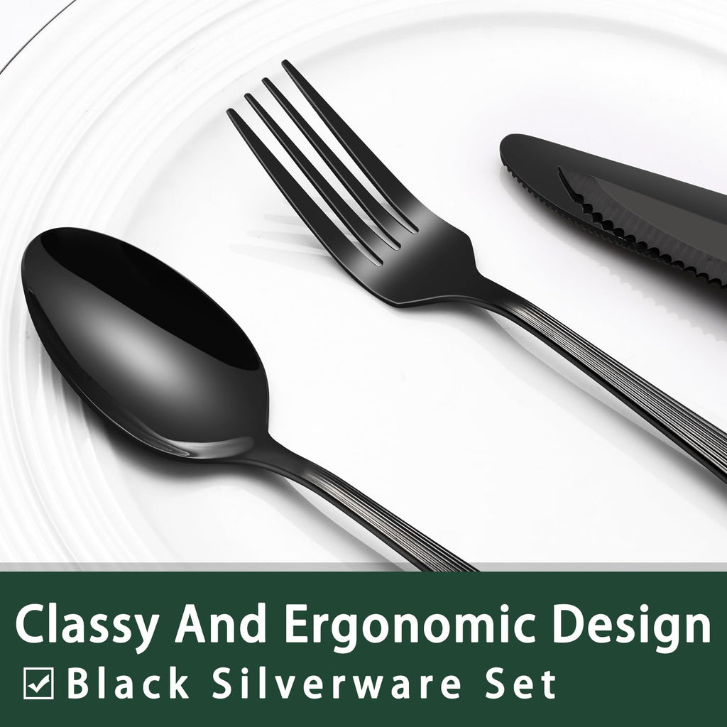 EWFEN 24-Piece Black Silverware Set with Steak Knives, Black Flatware Set for 4, Food-Grade Stainless Steel Tableware Cutlery Set, Mirror Finished Utensil Sets for Home Restaurant, Round Edge
