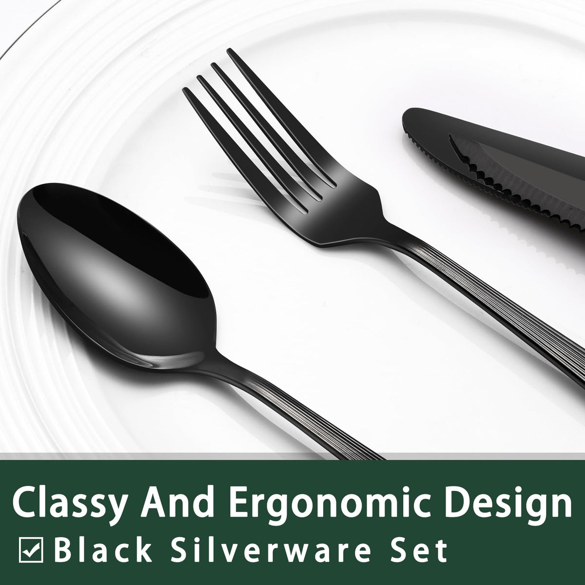 EWFEN 24-Piece Black Silverware Set with Steak Knives, Black Flatware Set for 4, Food-Grade Stainless Steel Tableware Cutlery Set, Mirror Finished Utensil Sets for Home Restaurant, Round Edge