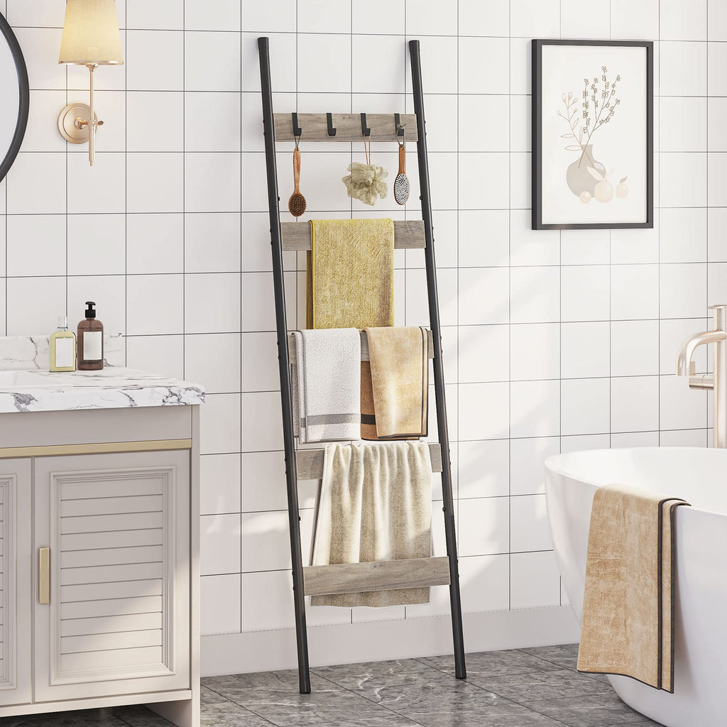 HOOBRO Blanket Ladder, 5-Tier Towel Rack with Hooks, Wall-Leaning Blanket Rack, Decorative Display Ladder Shelf, for Scarves, Industrial, Living Room, Bedroom, Rustic Brown and Black BF52CJ01G1