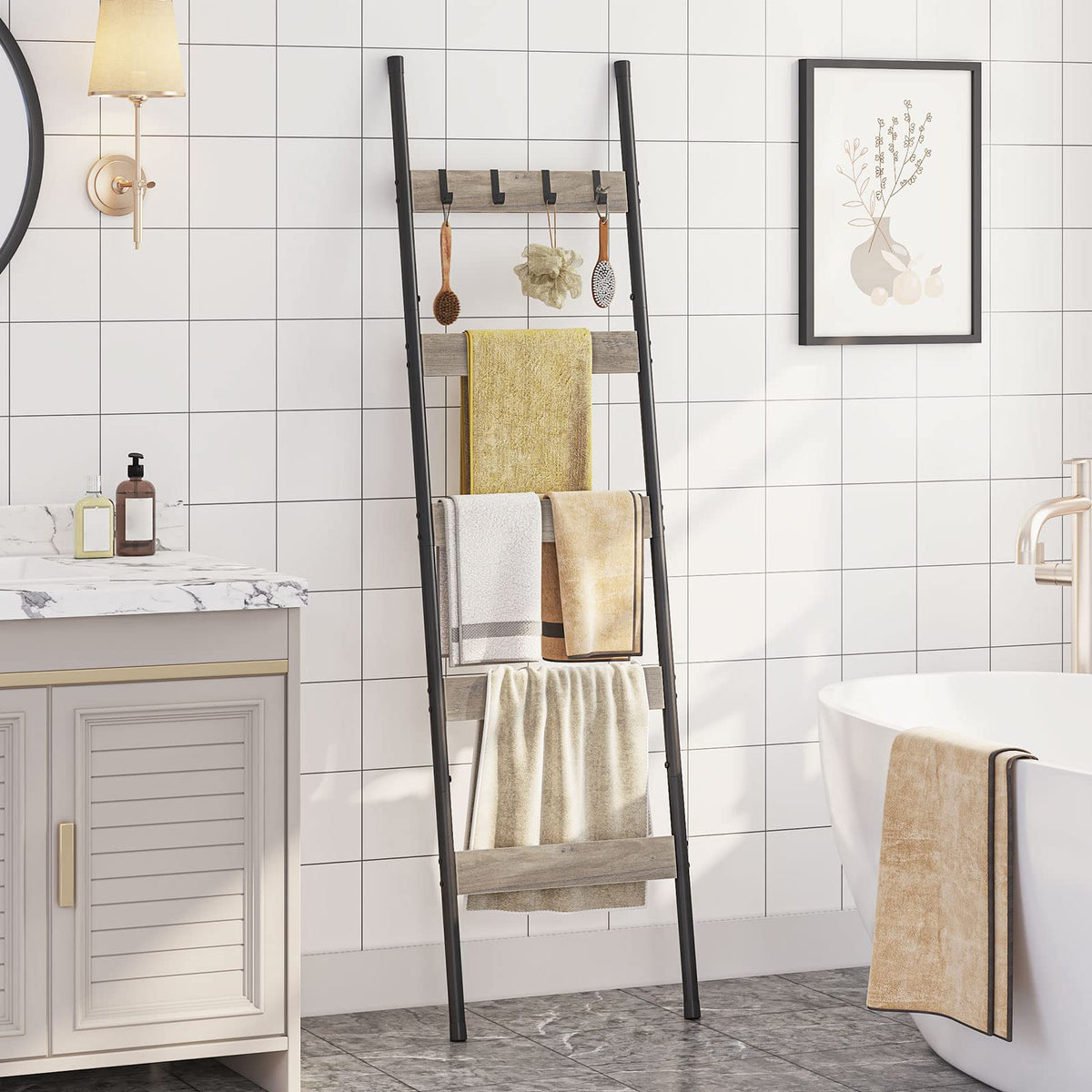 HOOBRO Blanket Ladder, 5-Tier Towel Rack with Hooks, Wall-Leaning Blanket Rack, Decorative Display Ladder Shelf, for Scarves, Industrial, Living Room, Bedroom, Rustic Brown and Black BF52CJ01G1