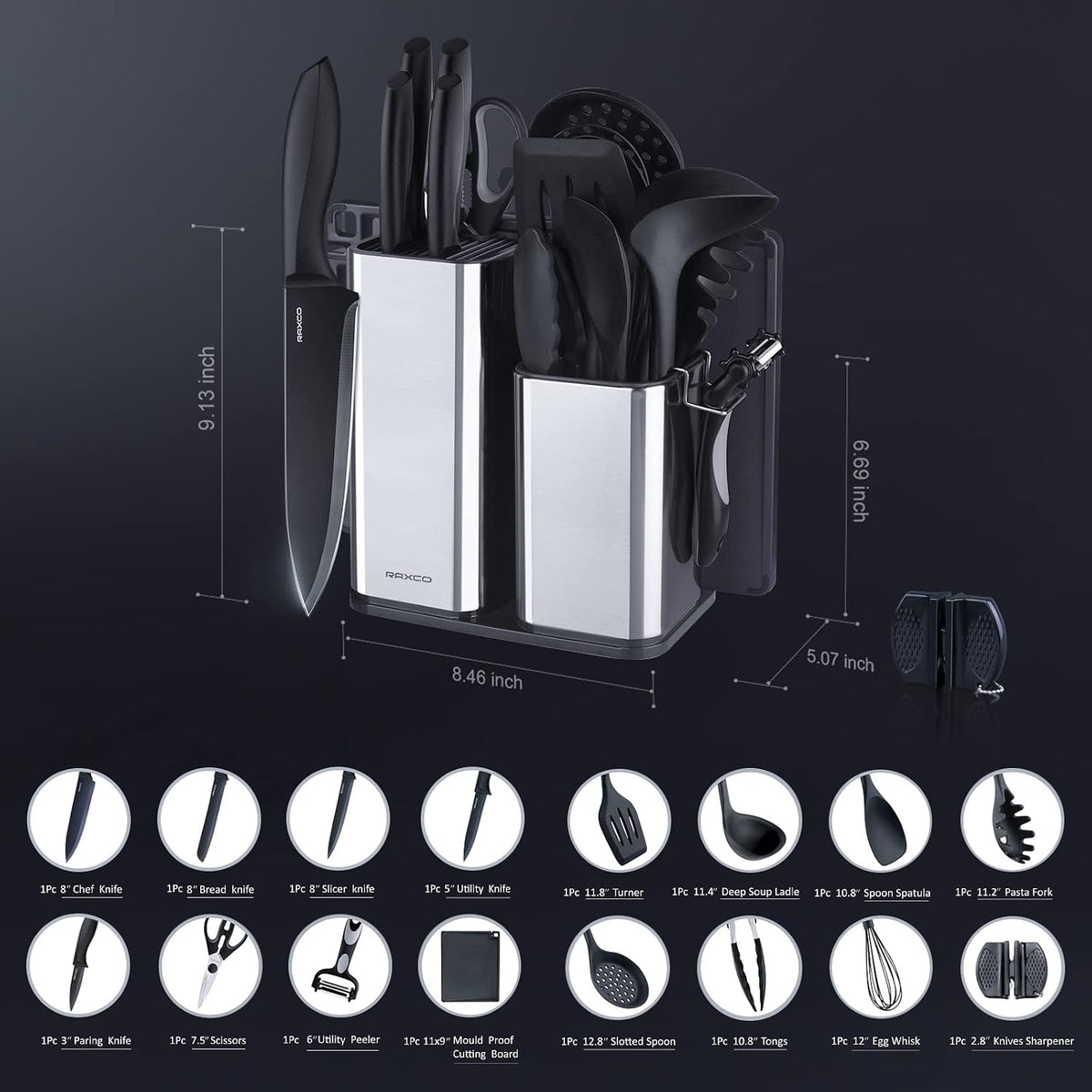 Kitchen Utensils Set,18-Piece Cooking Utensils and Knife Set,Black