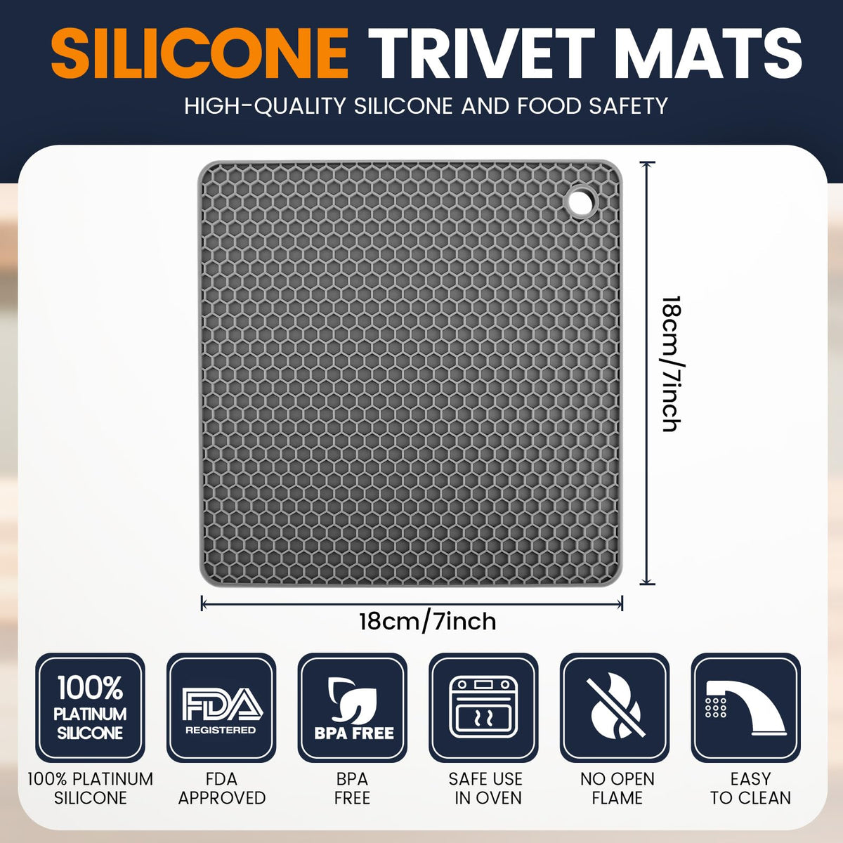 Silicone Trivet Mats 4 Heat Resistant Pot Holders Multipurpose Non-Slip Hot Pads for Kitchen Potholders, Drying mat, Jar Opener, Spoon Holder, Coaster(Dark Grey)
