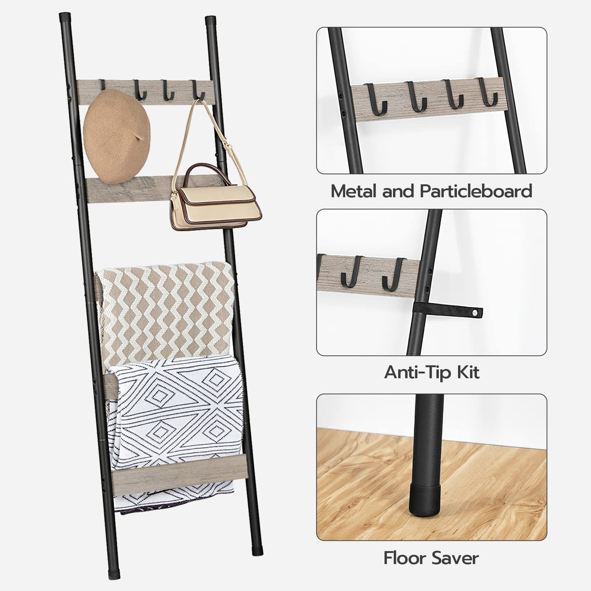 HOOBRO Blanket Ladder, 5-Tier Towel Rack with Hooks, Wall-Leaning Blanket Rack, Decorative Display Ladder Shelf, for Scarves, Industrial, Living Room, Bedroom, Rustic Brown and Black BF52CJ01G1