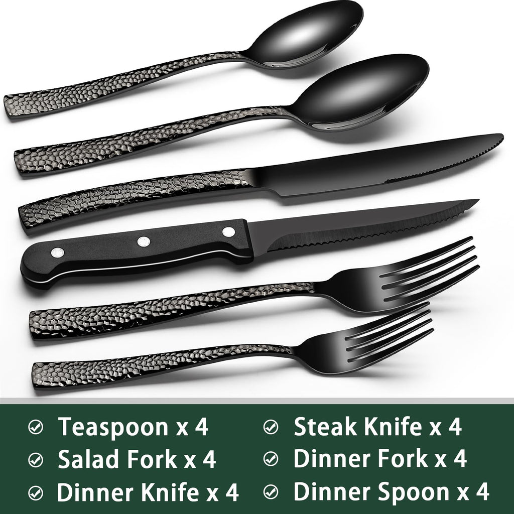 EWFEN 24-Piece Black Silverware Set with Steak Knives, Black Flatware Set for 4, Food-Grade Stainless Steel Tableware Cutlery Set, Mirror Finished Utensil Sets for Home Restaurant, Round Edge