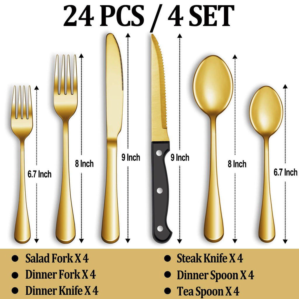 24 Pcs Silverware Set with Steak Knives for 4, Stainless Steel Flatware Set, Mirror Polished Cutlery Utensil Sets, Home Kitchen Eating Tableware, Dishwasher Safe