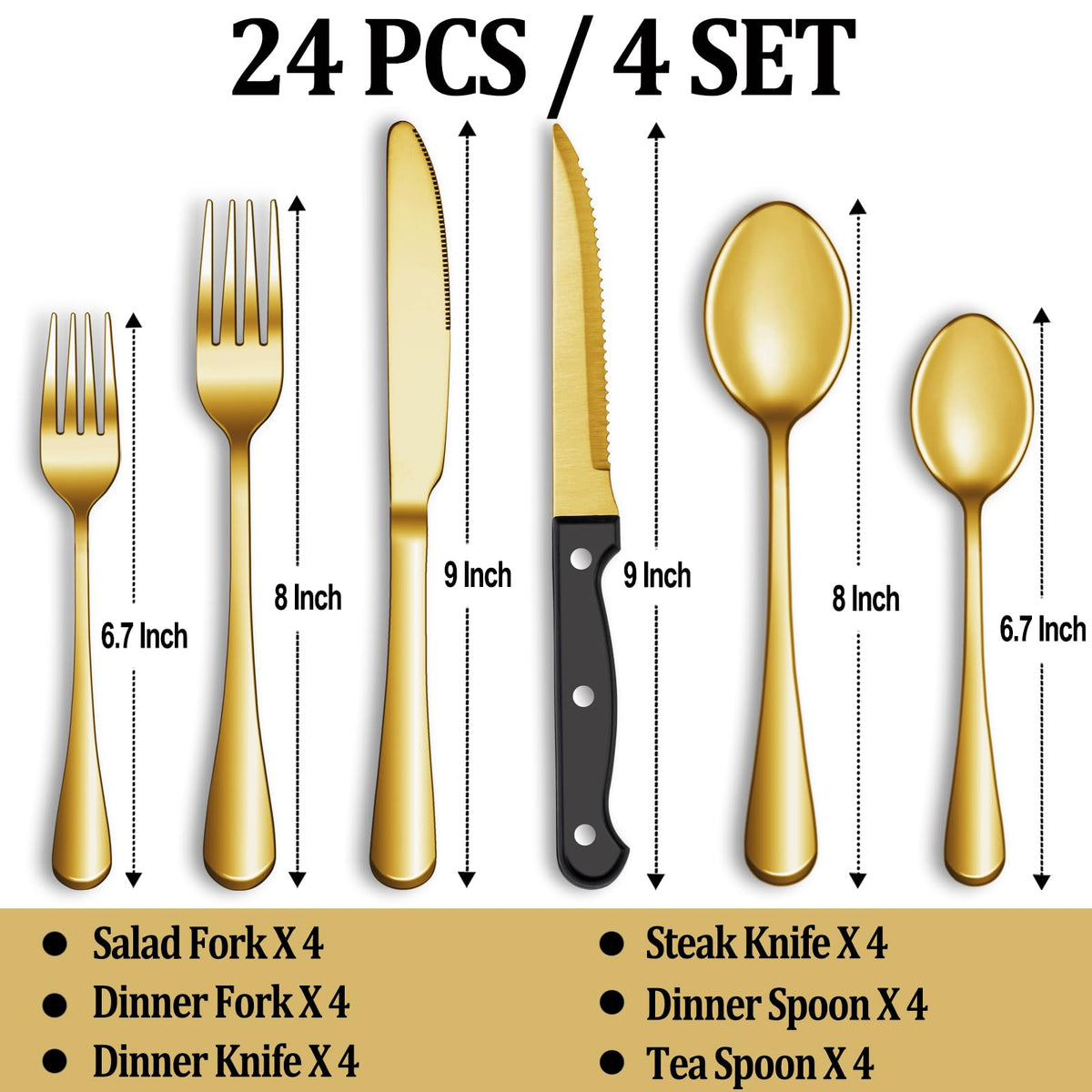24 Pcs Silverware Set with Steak Knives for 4, Stainless Steel Flatware Set, Mirror Polished Cutlery Utensil Sets, Home Kitchen Eating Tableware, Dishwasher Safe