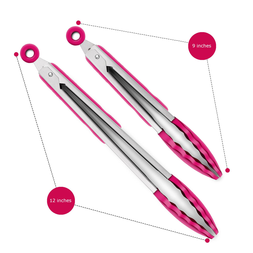 2 Pack Silicone Kitchen Tongs, 9 & 12 Inch, Stainless Steel, Black
