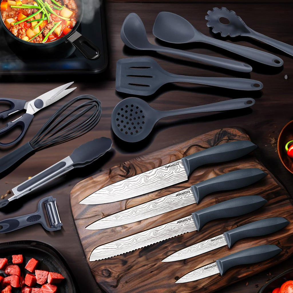 Kitchen Utensils Set,18-Piece Cooking Utensils and Knife Set,Black