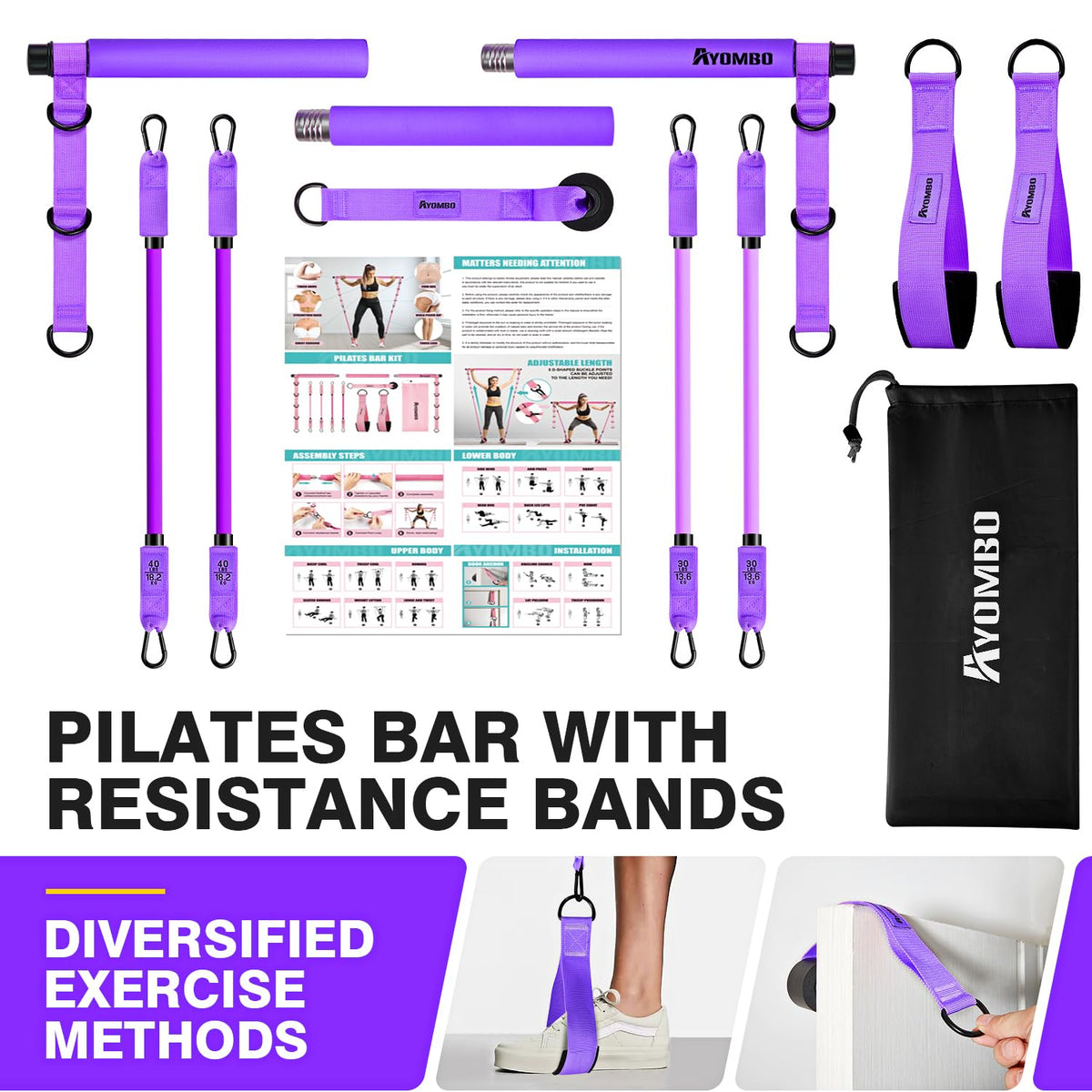 Pilates Bar Kit with Resistance Bands, Adjustable Pink Workout Set