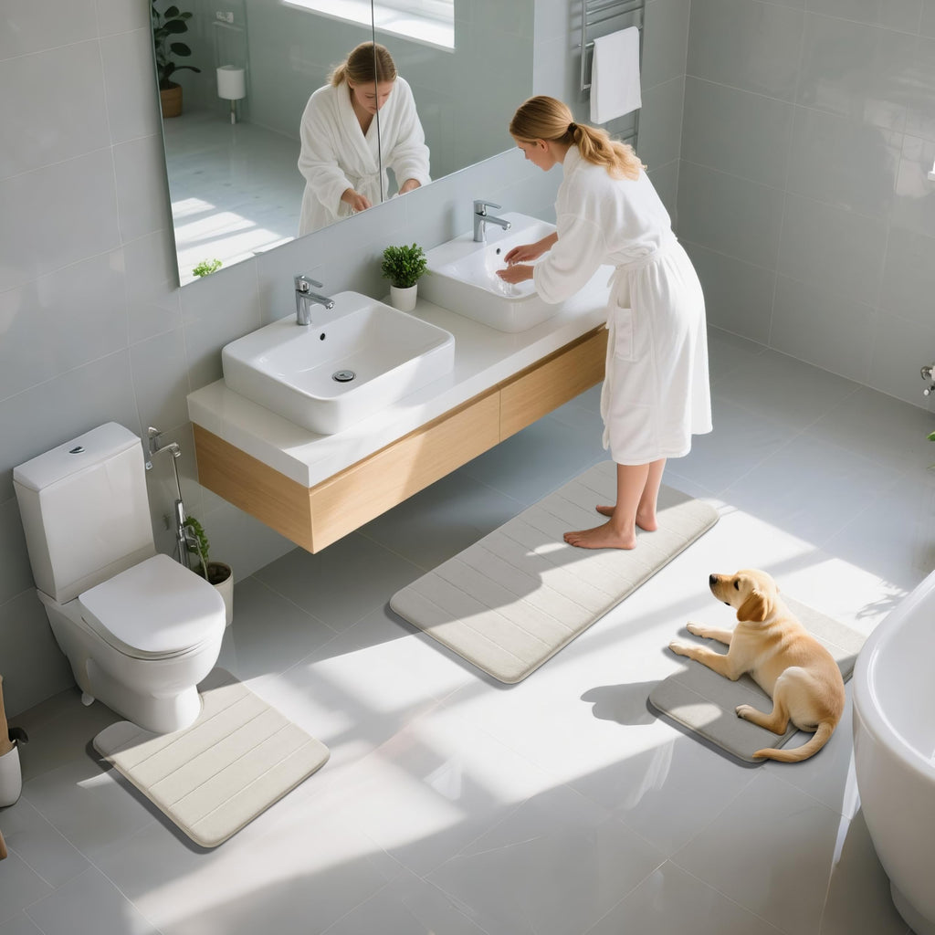 Yimobra Memory Foam Bath Mat Set 3 Pieces- Super Soft Absorbent Quick Dry Bathroom Rug Sets, Machine Washable Non Slip Floor Carpet for Tub Shower, Vanity & Toilet Base, Gray