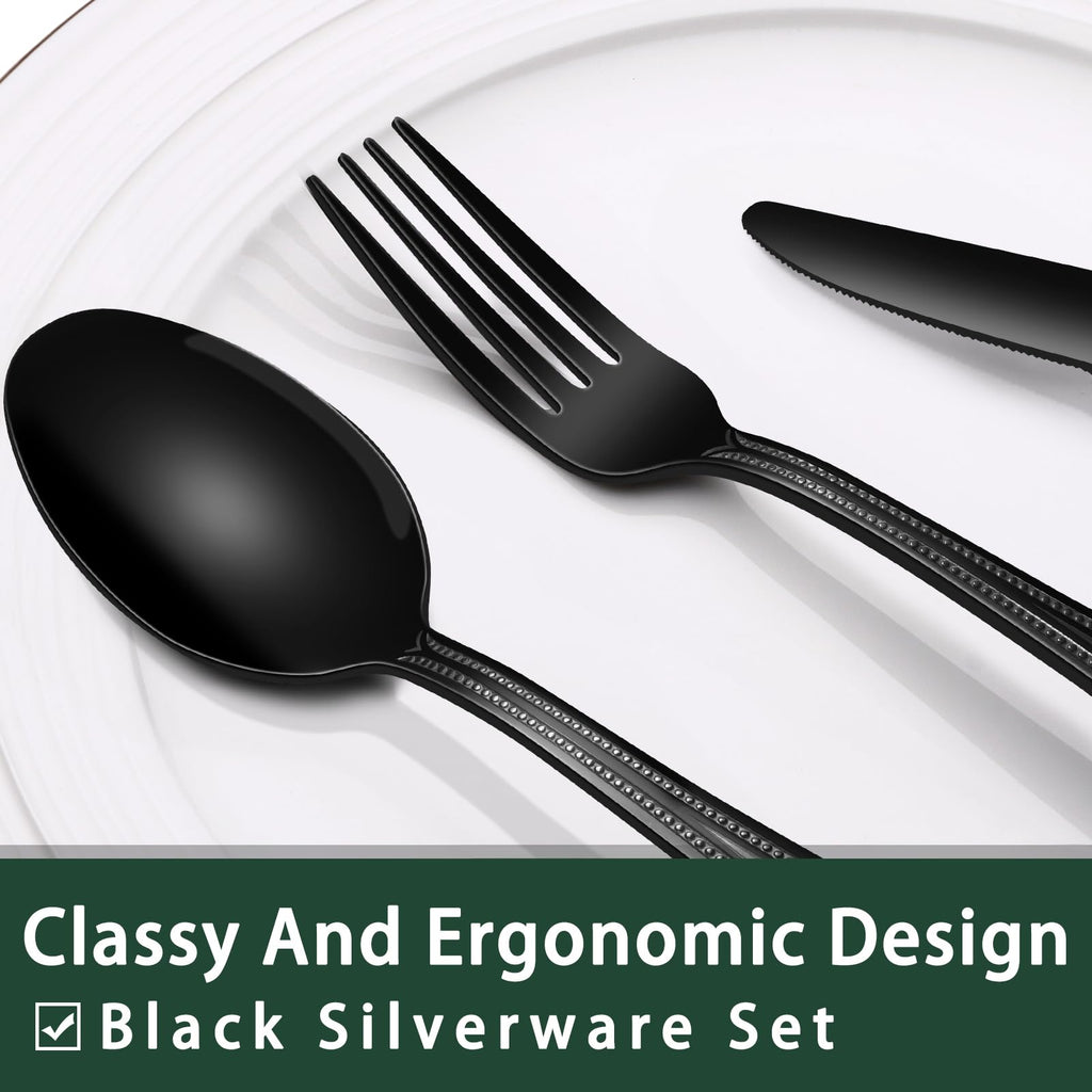 EWFEN 24-Piece Black Silverware Set with Steak Knives, Black Flatware Set for 4, Food-Grade Stainless Steel Tableware Cutlery Set, Mirror Finished Utensil Sets for Home Restaurant, Round Edge