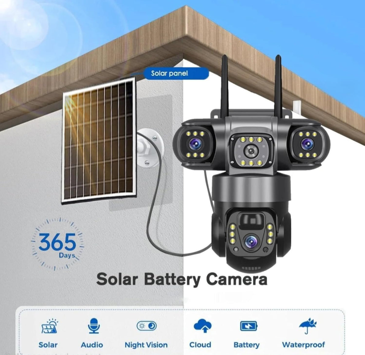 4G solar Security Camera, 12MP Full HD, 3 Lens, Outdoor PTZ, Solar Powered, Black(no Wi-Fi)