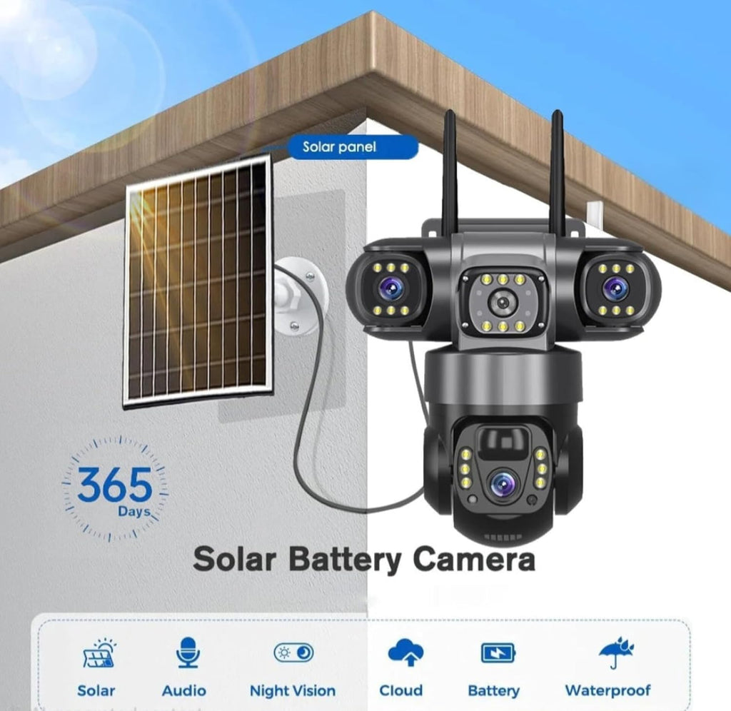 4G solar Security Camera, 12MP Full HD, 3 Lens, Outdoor PTZ, Solar Powered, Black(no Wi-Fi)