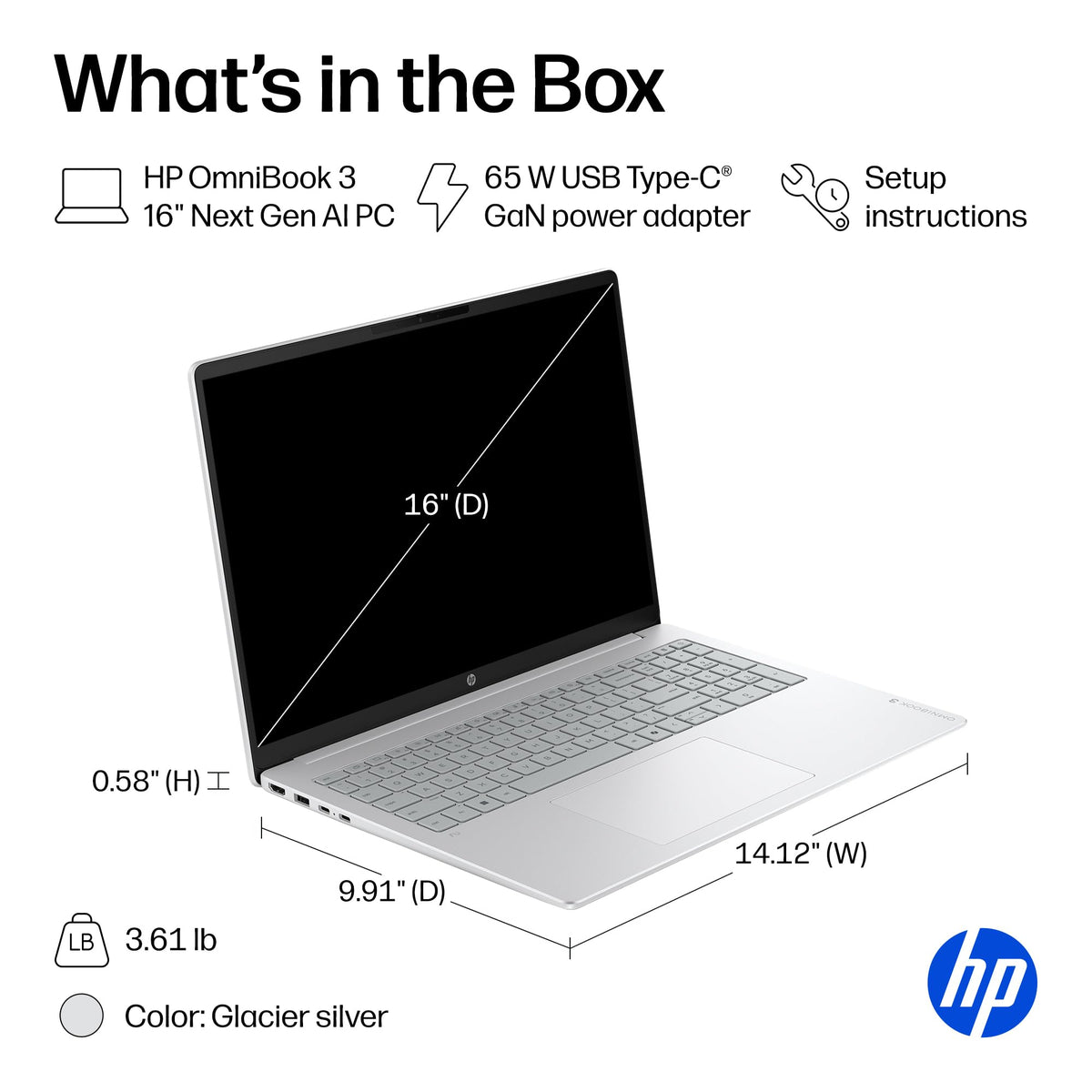 HP OmniBook 3 16 inch Laptop PC, 2K Touchscreen, AMD Ryzen 5 40, 8 GB RAM, 512 GB SSD, AMD Radeon 610M GPU, Windows 11 Home, Glacier Silver, 16-by0499nr