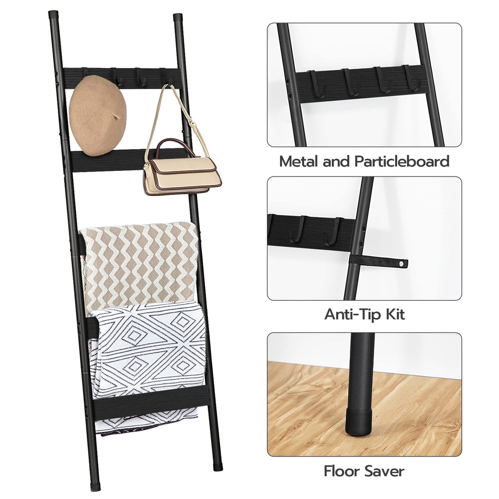 HOOBRO Blanket Ladder, 5-Tier Towel Rack with Hooks, Wall-Leaning Blanket Rack, Decorative Display Ladder Shelf, for Scarves, Industrial, Living Room, Bedroom, Rustic Brown and Black BF52CJ01G1