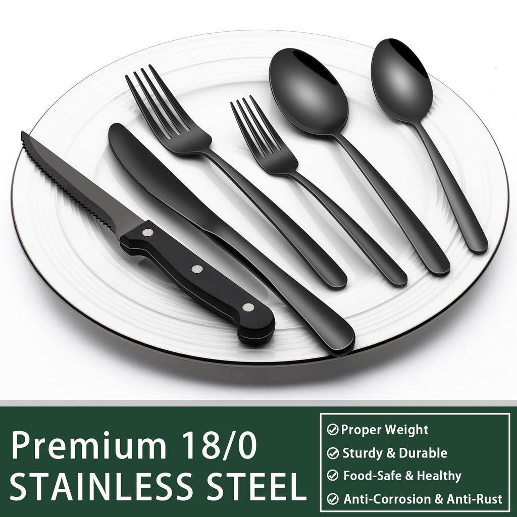 EWFEN 24-Piece Black Silverware Set with Steak Knives, Black Flatware Set for 4, Food-Grade Stainless Steel Tableware Cutlery Set, Mirror Finished Utensil Sets for Home Restaurant, Round Edge