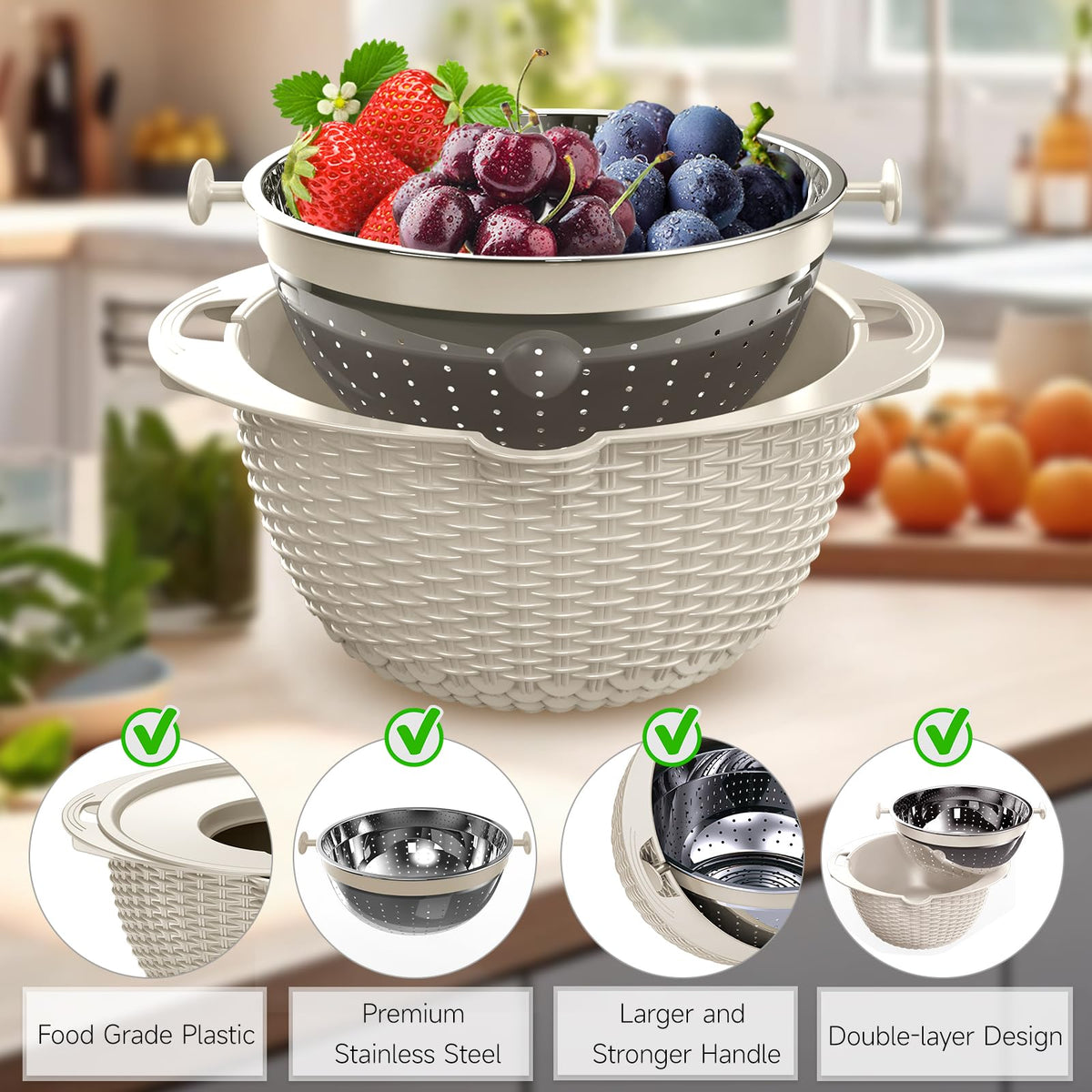 Over the Sink Colander - Strainers and Colanders - Sink Strainer Basket - Expandable Fine Mesh Strainer with Rubber Grip for Veggie, Fruits, Pasta, Home Kitchen Essentials (9.5W x 13.4-21.3L x 3.3H)