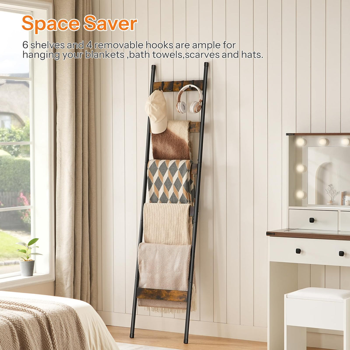 HOOBRO Blanket Ladder, 5-Tier Towel Rack with Hooks, Wall-Leaning Blanket Rack, Decorative Display Ladder Shelf, for Scarves, Industrial, Living Room, Bedroom, Rustic Brown and Black BF52CJ01G1