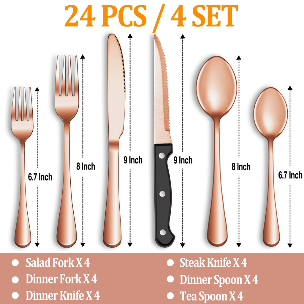 24 Pcs Silverware Set with Steak Knives for 4, Stainless Steel Flatware Set, Mirror Polished Cutlery Utensil Sets, Home Kitchen Eating Tableware, Dishwasher Safe