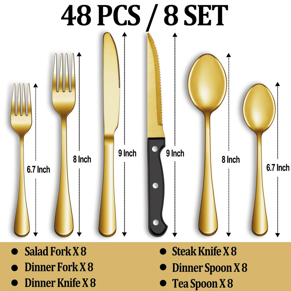 24 Pcs Silverware Set with Steak Knives for 4, Stainless Steel Flatware Set, Mirror Polished Cutlery Utensil Sets, Home Kitchen Eating Tableware, Dishwasher Safe