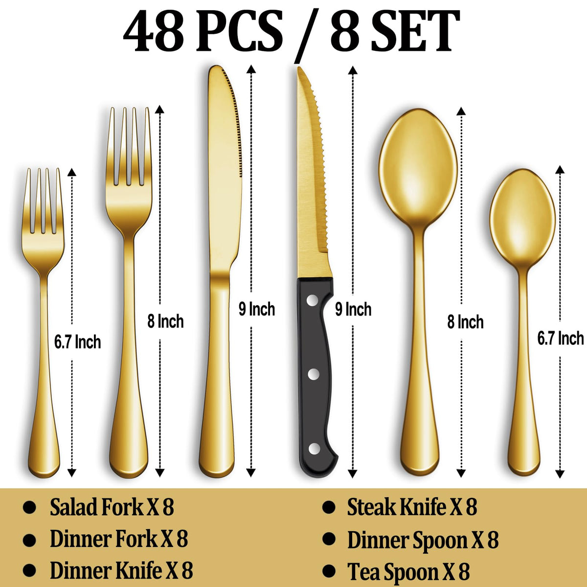 24 Pcs Silverware Set with Steak Knives for 4, Stainless Steel Flatware Set, Mirror Polished Cutlery Utensil Sets, Home Kitchen Eating Tableware, Dishwasher Safe